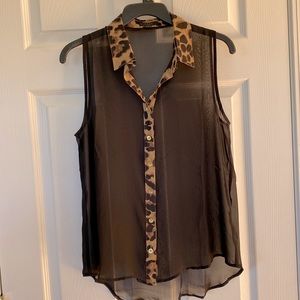 Dressy, see-through voile, animal print collar and front button strip
